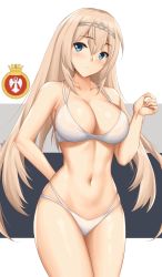 Rule 34 | 1girl, arcie albano, bare arms, bare legs, bare shoulders, bikini, blonde hair, blue eyes, blush, breasts, cleavage, collarbone, cowboy shot, hair between eyes, highres, kantai collection, large breasts, long hair, navel, open mouth, signature, solo, swimsuit, victorious (kancolle), white bikini