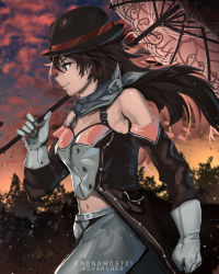 Rule 34 | 1girl, advarcher, bad id, bad pixiv id, bare shoulders, bowler hat, brown eyes, brown hair, clenched hand, cloud, detached sleeves, from side, gloves, hair between eyes, hat, unworn hat, unworn headwear, highres, midriff, multicolored hair, navel, neo politan, pants, parasol, pink hair, rwby, smirk, solo, sunset, tree, umbrella, white gloves