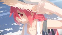 Rule 34 | 1girl, :d, arm up, bag, bare arms, bare shoulders, blue sky, brown hat, cloud, collarbone, commentary request, day, dress, hair between eyes, hat, highres, kasane teto, looking at viewer, monosenbei, open mouth, outdoors, red eyes, red hair, sky, sleeveless, sleeveless dress, smile, solo, straw hat, upper body, utau, white dress