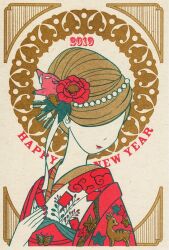 Rule 34 | 1girl, 2019, arrow hair ornament, border, butterfly ornament, chinese zodiac, commentary request, deer print, english text, facing to the side, flower, hair flower, hair ornament, hand on own chest, hand up, happy new year, japanese clothes, kimono, new year, no eyes, original, parted lips, pig hair ornament, red flower, red kimono, red nails, smile, solo, tokyo mononoke, updo, upper body, year of the pig