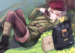 Rule 34 | 1girl, arm behind head, bag, beret, black bag, black footwear, blonde hair, boots, brown gloves, brown thighhighs, bug, butterfly, camouflage, camouflage jacket, gloves, grass, hat, insect, jacket, long sleeves, looking at viewer, lying, military, military hat, military jacket, military uniform, on back, original, outdoors, paper bag, red eyes, red hat, short hair, solo, thighhighs, tree, uniform, yellow butterfly, zhainan s-jun