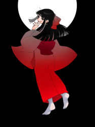 Rule 34 | 1girl, amino (amino 333), black background, black eyes, black hair, black nails, blunt bangs, blunt ends, blush, bow, bright pupils, circle, commentary request, floating hair, from behind, full body, gegege no kitarou, gradient kimono, hair bow, highres, hime cut, index finger raised, japanese clothes, kimono, kitarou tanjou: gegege no nazo, looking at viewer, looking back, obi, parted lips, red bow, red kimono, ryuuga sayo, sash, sidelocks, signature, simple background, socks, solo, tabi, tearing up, white pupils, white socks