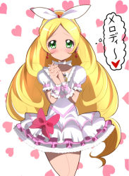 Rule 34 | 10s, 1girl, bad id, bad pixiv id, blonde hair, brooch, choker, cure rhythm, dress, earrings, frills, green eyes, hair ribbon, hairband, own hands clasped, haru (nature life), heart, heart background, jewelry, long hair, magical girl, minamino kanade, own hands together, precure, puffy short sleeves, puffy sleeves, ribbon, short sleeves, solo, suite precure, white background, white choker