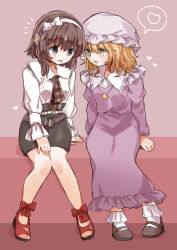 Rule 34 | 2girls, :d, absurdres, black skirt, blonde hair, bobby socks, bow, breasts, brown eyes, brown hair, commentary request, dress, flustered, frills, full body, gradient background, hair bow, hairband, hat, heart, hexagram, highres, knees together feet apart, looking at another, maribel hearn, medium breasts, mob cap, multiple girls, no headwear, notice lines, open mouth, purple background, purple dress, salt (seasoning), sandals, shirt, short hair, simple background, sitting, skirt, small breasts, smile, socks, spoken heart, star of david, touhou, usami renko, white bow, white headwear, white shirt
