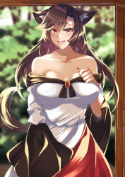 Rule 34 | 1girl, :d, animal ear fluff, animal ears, bare shoulders, blush, breasts, brooch, brown hair, cleavage, doorway, dress, eyelashes, fang, highres, imaizumi kagerou, jewelry, kurokan (kokkyou oudan), large breasts, long hair, off-shoulder dress, off shoulder, open mouth, parted bangs, red eyes, smile, solo, touhou, wolf ears