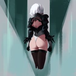Rule 34 | 1girl, ass, black gloves, black shirt, commentary, cowboy shot, cropped legs, dd-duck, english commentary, facing away, from behind, gloves, highres, juliet sleeves, leotard, long sleeves, nier (series), nier:automata, puffy sleeves, shirt, short hair, solo, standing, thighhighs, thong leotard, white hair, white leotard, 2b (nier:automata)