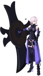 arm_at_side arm_guards armor armored_boots bare_shoulders black_armor bob_cut boobplate boots breastplate breasts closed_mouth elbow_gloves fate/grand_order fate_(series) full_body gloves greaves hair_over_one_eye high_heel_boots high_heels highres holding holding_shield large_breasts looking_at_viewer lord_camelot_(fate) mash_kyrielight narrow_waist oversized_object peoleong5 purple_eyes purple_gloves shield short_hair tachi-e thigh_strap two-tone_sleeves waist_cape