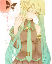 Rule 34 | 1girl, absurdres, alternate hair color, arm up, bare shoulders, bug, butterfly, closed eyes, detached sleeves, embellished costume, female focus, frills, gradient hair, hatsune miku, highres, insect, kuma 927, long hair, multicolored hair, nail polish, necktie, pleated skirt, shirt, simple background, skirt, sleeveless, sleeveless shirt, smile, solo, standing, star (symbol), twintails, very long hair, vocaloid, white background