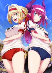 Rule 34 | &gt;:), &gt;:d, 2girls, :d, ahoge, back-to-back, blonde hair, blue buruma, blue eyes, blush, braid, breasts, buruma, clothes writing, crossed arms, crowd, day, elizabeth bathory (fate), elizabeth bathory (fate/extra ccc), fate (series), green eyes, gym uniform, hair intakes, hair up, headband, horns, large breasts, long hair, looking at another, looking at viewer, looking back, mizunashi hayate, multiple girls, nero claudius (fate), nero claudius (fate) (all), nero claudius (fate/extra), nero claudius (olympian bloomers) (fate), official alternate costume, open mouth, outdoors, pointy ears, puffy short sleeves, puffy sleeves, purple hair, red buruma, short sleeves, sky, small breasts, smile, stadium, standing, v-shaped eyebrows