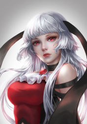 Rule 34 | 10s, 1girl, bare shoulders, blunt bangs, breasts, brooch, eyelashes, hime cut, jewelry, kyousougiga, lady koto, lips, long hair, looking at viewer, realistic, red eyes, solo, wff 87 (xuan qing), white hair