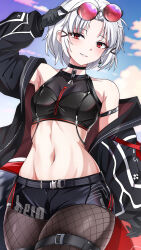 Rule 34 | 1girl, absurdres, arm strap, arm up, armpits, bare shoulders, black choker, black gloves, black jacket, black shirt, black shorts, blue sky, breasts, choker, cleavage, cloud, commentary, covered collarbone, cowboy shot, crop top, cropped shirt, day, drake (nikke), drake (villain racer) (nikke), earrings, eyewear on head, fishnet pantyhose, fishnets, gloves, goddess of victory: nikke, groin, hair ornament, hairclip, highres, jacket, jewelry, long sleeves, looking at viewer, midori (user nsaz3272), midriff, navel, off shoulder, open clothes, open jacket, pantyhose, parted bangs, parted lips, red eyes, see-through, see-through cleavage, shirt, short hair, short shorts, shorts, sidelocks, single earring, sky, sleeveless, sleeveless shirt, small breasts, smile, solo, standing, sunglasses, thigh strap, white hair