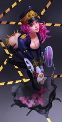 Rule 34 | 1girl, ass, bent over, boots, breasts, butt crack, cleavage, dimples of venus, downpants, hat, high heel boots, high heels, highres, large breasts, league of legends, officer vi, pink hair, police hat, purple eyes, solo, spikes, vi (league of legends)