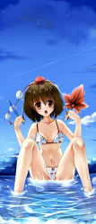 Rule 34 | 1girl, baisi shaonian, bikini, black hair, breasts, cloud, day, hand fan, food, hat, highres, looking at viewer, medium breasts, open mouth, partially submerged, popsicle, red eyes, shameimaru aya, short hair, sky, soaking feet, solo, swimsuit, tokin hat, touhou, water