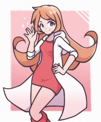Rule 34 | 1girl, blue eyes, breasts, commentary, dress, english commentary, feet out of frame, highres, jacket, long hair, mona (warioware), nintendo, open clothes, open jacket, orange hair, pink background, red dress, short dress, small breasts, smile, wannabepyx, warioware, waving, white jacket