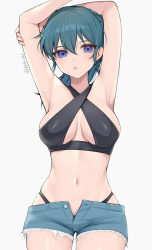 Rule 34 | 1girl, absurdres, armpits, arms up, banned artist, bare arms, bikini, black bikini, blue eyes, blue hair, blue shorts, breasts, byleth (female) (fire emblem), byleth (fire emblem), commentary request, cowboy shot, criss-cross halter, cutoffs, fire emblem, fire emblem: three houses, grey background, hair between eyes, halterneck, highres, large breasts, long hair, looking at viewer, navel, nintendo, open fly, parted lips, shimizu akina, short shorts, shorts, simple background, solo, standing, stomach, swimsuit