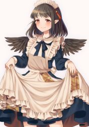Rule 34 | 1girl, alternate costume, apron, apron hold, bad id, bad pixiv id, beige background, black hair, black wings, blue bow, blue bowtie, blue dress, blush, bow, bowtie, commentary request, cowboy shot, dress, enmaided, feathered wings, frilled apron, frills, long sleeves, looking at viewer, maid, maid apron, maid headdress, orange eyes, pointy ears, puffy long sleeves, puffy sleeves, shameimaru aya, simple background, smile, solo, tassel, touhou, touya (konpekitou), white apron, wings