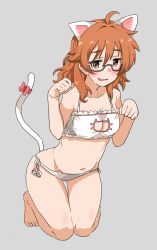 Rule 34 | 1girl, absurdres, ahoge, animal ears, araki hina, barefoot, black-framed eyewear, bow, bra, breasts, brown eyes, brown hair, cat cutout, cat ear panties, cat ears, cat lingerie, cat tail, cleavage cutout, clothing cutout, commentary, frilled bra, frills, glasses, grey background, highres, idolmaster, idolmaster cinderella girls, kemonomimi mode, kneeling, leaning forward, lingerie, looking at viewer, medium breasts, medium hair, meme attire, navel, open mouth, panties, paw pose, paw print, red bow, side-tie panties, simple background, skindentation, smile, solo, tail, tail bow, tail ornament, thigh gap, underwear, underwear only, wasabijoyu76, white bra, white panties