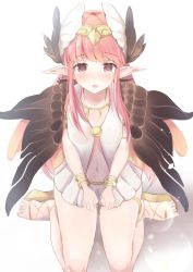 Rule 34 | 1girl, bad id, bad pixiv id, bangle, bare shoulders, blush, bracelet, breasts, brown eyes, brown wings, circe (fate), collarbone, commentary request, fate/grand order, fate (series), feathered wings, hamalu, head wings, highres, jewelry, long hair, navel, open mouth, pink hair, pleated skirt, pointy ears, sandals, sidelocks, sitting, skirt, small breasts, solo, tears, very long hair, wariza, white background, white skirt, wings