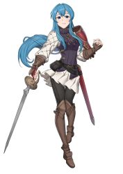Rule 34 | 1girl, absurdres, alternate costume, blue eyes, blue hair, boots, breasts, brown footwear, brown gloves, commentary, ebinku, eirika (fire emblem), english commentary, fingerless gloves, fire emblem, fire emblem: the sacred stones, floating hair, gloves, hair between eyes, highres, holding, holding sword, holding weapon, knee boots, long hair, looking at viewer, nintendo, open hand, pauldrons, shoulder armor, single pauldron, skirt, small breasts, smile, solo, sword, weapon, white background, white skirt