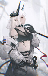 Rule 34 | 1girl, arknights, bare shoulders, black choker, black gloves, black sports bra, blurry, choker, chromatic aberration, commentary, cowboy shot, demon horns, ear piercing, gloves, hammer, highres, holding, holding hammer, horns, igawa hikaru, infection monitor (arknights), jumpsuit, material growth, midriff, mudrock (arknights), mudrock (elite ii) (arknights), navel, open jumpsuit, oripathy lesion (arknights), parted lips, piercing, pointy ears, red eyes, solo, sports bra, stomach, war hammer, weapon, white hair, white jumpsuit
