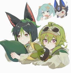 Rule 34 | animal ears, black hair, character request, collei (genshin impact), commentary request, cyno (genshin impact), dark-skinned male, dark skin, genshin impact, glasses, green eyes, green hair, highres, holding, holding stuffed toy, hugging own tail, hugging tail, long hair, multicolored hair, purple eyes, red eyes, short hair, simple background, stuffed toy, tail, tighnari (genshin impact), twintails, upper body, white background, yanfei u