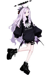Rule 34 | 1girl, absurdres, amagasa mike, black footwear, black horns, black shirt, black shorts, blue archive, blush, boots, demon horns, demon wings, full body, halo, highres, hina (blue archive), horns, long hair, multiple horns, open mouth, purple eyes, purple wings, shirt, shorts, simple background, sleeves past wrists, socks, solo, white background, white hair, white socks, wings