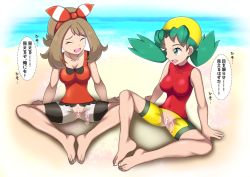 Rule 34 | 2girls, alternate breast size, alternate costume, arm support, ass, bandana, bare shoulders, barefoot, beach, bike shorts, bike shorts under shorts, blue eyes, blue hair, blush, breasts, brown hair, censored, closed eyes, collarbone, covered erect nipples, creatures (company), eyelashes, flipped hair, game freak, hair ornament, heart, heart censor, impossible clothes, impossible shirt, knees apart feet together, kohatsuka, kris (pokemon), large breasts, legs, looking at another, may (pokemon), multiple girls, nintendo, open mouth, perky breasts, pokemon, pokemon gsc, pokemon oras, puffy nipples, sand, shirt, shore, shorts, skin tight, sleeveless, sleeveless shirt, smile, spread legs, sweat, teeth, thighs, toenails, toes, tongue, twintails, upper teeth only, x-ray