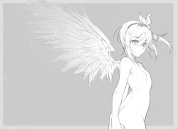 Rule 34 | 10s, 1girl, ass, completely nude, cowboy shot, edna (tales), expressionless, flat chest, grey background, greyscale, looking at viewer, monochrome, nude, short hair, side ponytail, solo, sparkle, tales of (series), tales of zestiria, tusia, wings