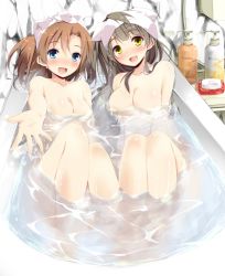 Rule 34 | 10s, 2girls, :d, bath, bathtub, blue eyes, blush, bottle, brown hair, completely nude, kosaka honoka, long hair, looking at viewer, love live!, love live! school idol project, minami kotori, multiple girls, nude, open mouth, outstretched hand, partially submerged, same-sex bathing, shared bathing, side ponytail, smile, towel, towel on head, twintails, water, yagami shuuichi, yellow eyes