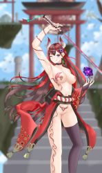 Rule 34 | 1girl, absurdres, arm up, armpits, blindfold, blue eyes, blush, breast tattoo, breasts, highres, horns, japanese clothes, katana, kimono, large breasts, lewd chan, long hair, looking at viewer, monster girl, nipple piercing, nipples, original, piercing, pubic tattoo, pussy, red hair, red kimono, resolution mismatch, rope, shimenawa, slime girl, source smaller, sword, tattoo, thighhighs, torii, very long hair, weapon