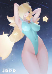 Rule 34 | 1girl, adapted costume, aqua one-piece swimsuit, armpits, arms behind head, blonde hair, blue eyes, blurry, breasts, covered erect nipples, covered navel, cowboy shot, crown, depth of field, earrings, hair over one eye, highleg, highleg swimsuit, jdpr, jewelry, large breasts, legs together, long hair, looking at viewer, luma (mario), mario (series), narrow waist, night, night sky, nintendo, one-piece swimsuit, parted bangs, rosalina, sky, solo, star (sky), star (symbol), star earrings, starry sky, super mario galaxy, swimsuit, thighs, very long hair, wide hips