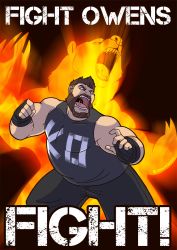 Rule 34 | 1boy, artist name, aura, bandages, bear, beard, brown hair, character name, claws, english text, facial hair, fangs, fighting stance, kevin owens, male focus, muscular, nadia fazilla, pants, real life, red eyes, short hair, sleeveless, wwe
