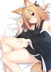Rule 34 | 1girl, animal ear fluff, animal ears, ass, bare legs, bare shoulders, bed sheet, black kimono, blush, breasts, brown hair, collarbone, commentary request, detached sleeves, eyes visible through hair, fox ears, fox girl, hair ornament, hair tie, hairclip, hand on own thigh, highres, japanese clothes, kimono, large breasts, legs, looking at viewer, looking up, lying, on bed, on side, open mouth, original, red eyes, sakuma hiragi, side ponytail, solo, tail, teeth, upper teeth only
