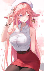 Rule 34 | 1girl, 723/nanahumi, alternate costume, animal ears, belt, breasts, brown pantyhose, earrings, fox ears, genshin impact, hair between eyes, hair ornament, hat, highres, jewelry, large breasts, long hair, looking at viewer, one eye closed, pantyhose, pink hair, pink nails, purple eyes, red skirt, shirt, skirt, smile, solo, tongue, tongue out, white hat, white shirt, yae miko, yae miko (autumn pop-up store)