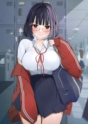 Rule 34 | 1girl, backpack, bag, black hair, blush, bow, breasts, facial mark, glasses, hair ornament, highres, holding, jacket, large breasts, locker, looking at viewer, open clothes, open jacket, original, pleated skirt, school uniform, shirt, short hair, skirt, smile, uiri-na