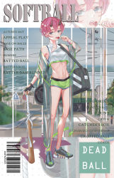 Rule 34 | 1girl, absurdres, armpits, asymmetrical horns, bag, barcode, bare legs, bare shoulders, baseball bat, black bag, black gloves, blue eyes, blue footwear, blue sky, breasts, cable, cable car, candy, coat, colored shadow, commentary request, cover, crop top, crossed bangs, drop shadow, english text, fake magazine cover, fang, fingerless gloves, food, full body, gloves, green shorts, groin, hair between eyes, hand up, highres, holding, holding baseball bat, holding candy, holding food, holding lollipop, horizon, horns, jacket, lollipop, looking to the side, magazine cover, midriff, navel, ocean, off-shoulder coat, off shoulder, open mouth, original, partially unzipped, pink hair, railing, road, road sign, see-through, see-through jacket, shadow, shirt, shoes, short hair, short shorts, shorts, shoulder bag, sidelocks, sign, single fingerless glove, single glove, sky, sleeveless, sleeveless shirt, small breasts, sneakers, softball, standing, street, teeth, transparent jacket, uneven horns, upper teeth only, utility pole, white shirt, wo feng kiki, wristband, zipper, zipper pull tab, zoom layer