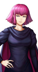 Rule 34 | 1girl, bad id, bad pixiv id, blue eyes, breasts, cape, gundam, haman karn, hand on own hip, lieqi hun, looking at viewer, parted lips, pink hair, short hair, simple background, smile, solo, white background, zeta gundam