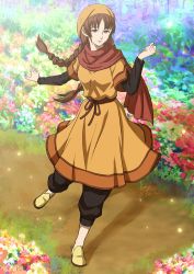 Rule 34 | 1girl, braid, brown eyes, brown hair, brown pants, day, dress, floral background, full body, highres, kohji, leg up, ling shen hua, long hair, long sleeves, looking at viewer, nature, outdoors, outstretched arm, pants, red scarf, sash, scarf, sega, shenmue, shenmue the animation, signature, solo, standing, standing on one leg, twin braids, yellow footwear, yellow headwear