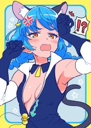 Rule 34 | !?, 1girl, ^^^, anger vein, animal ears, armpits, blue background, blue gloves, blue hair, blue jacket, border, braid, cat ears, cat tail, d:, extra ears, fang, gloves, hands up, highres, jacket, layered gloves, looking at viewer, open mouth, orange eyes, outside border, paw pose, precure, solo, star twinkle precure, sweatdrop, tail, twin braids, yellow border, yoban, yuni (precure)