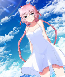 Rule 34 | arms behind back, beach, blue sky, braid, collarbone, day, dress, epic seven, green eyes, hair between eyes, highres, lens flare, looking at viewer, pink hair, ribbon, see-through silhouette, sky, smile, solo, spaghetti strap, standing, tenebria (epic seven), twintails, twomoon, water, white dress