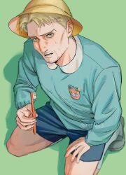 Rule 34 | 1boy, alternate costume, blonde hair, blue shorts, facial hair, from above, goatee stubble, highres, holding, holding toothbrush, kneeling, looking at viewer, male focus, mustache stubble, reiner braun, shingeki no kyojin, shirt, short hair, shorts, solo, sssida3, stubble, sweatdrop, toothbrush