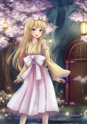 Rule 34 | 1girl, :d, asakurashinji, blonde hair, blush, bow, building, cherry blossoms, detached sleeves, door, hair bow, highres, lantern, long hair, long sleeves, looking at viewer, night, night sky, open mouth, original, outdoors, path, plant, ribbon-trimmed sleeves, ribbon trim, road, sky, smile, solo, standing, tree, water, white bow, yellow eyes