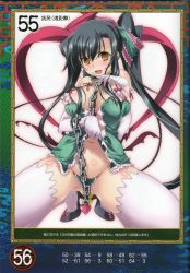 Rule 34 | 1girl, absurdres, bare shoulders, between breasts, black hair, blush, boots, bow, bow panties, breasts, brown eyes, chain, cleavage, collar, covered erect nipples, elbow gloves, gloves, green panties, halterneck, heart, high heels, highres, inoue takumi, kan&#039;u (koihime musou), koihime musou, large breasts, lingerie, long hair, micro panties, navel, negligee, panties, queen&#039;s blade, queen&#039;s gate, shin koihime musou, shoes, side ponytail, skindentation, solo, spread legs, squatting, string panties, thighhighs, underwear, very long hair, white gloves, white thighhighs
