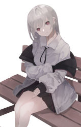 Rule 34 | 1girl, absurdres, bench, black skirt, closed mouth, collared shirt, commentary request, ear piercing, eyebrows hidden by hair, feet out of frame, grey hair, hair between eyes, head tilt, highres, jacket, light smile, long hair, long sleeves, looking at viewer, muted color, ogami ren, on bench, open clothes, open jacket, original, park bench, piercing, pleated skirt, puffy long sleeves, puffy sleeves, red eyes, shirt, simple background, sitting, skirt, sleeves past wrists, solo, white background, white jacket, white shirt