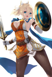 Rule 34 | 1girl, belt, black pantyhose, blonde hair, blue eyes, breasts, cait aron, cassandra alexandra, commentary, elbow gloves, gloves, hair between eyes, highres, holding, holding shield, holding sword, holding weapon, large breasts, looking at viewer, open mouth, pantyhose, ponytail, shield, solo, soul calibur, sword, weapon, white gloves