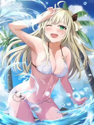 1girl ahoge beach bikini blonde_hair breasts cleavage cloud coconut_tree commission day duel_monster green_eyes highres medium_breasts misakura_aoi navel ocean one_eye_closed palm_tree partially_submerged skeb_commission sky sky_striker_ace_-_raye smile solo standing standing_on_liquid sunlight swimsuit tree white_bikini yu-gi-oh!