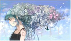 Rule 34 | 1girl, aqua hair, bug, butterfly, cloud, female focus, flower, gradient background, hair flower, hair ornament, hatsune miku, imoman, insect, outdoors, plant, profile, sky, solo, vocaloid