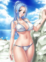 Rule 34 | 1girl, 2boys, against wall, age difference, alternate costume, arrow (symbol), bare shoulders, beach, bikini, black hair, blue eyes, blue hair, blush, breasts, cameltoe, cleavage, cloud, collarbone, covered erect nipples, cowboy shot, crossed legs, curly hair, curvy, day, father and daughter, groin, head tilt, hiding, high ponytail, hip focus, igaram, kagami hirotaka, large breasts, long hair, looking at viewer, lowleg, lowleg bikini, multiple boys, navel, nefertari cobra, nefertari vivi, o-ring, o-ring bikini, o-ring bottom, o-ring top, ocean, one piece, outdoors, parted lips, peeking, ponytail, rock, sideboob, sidelocks, sitting, skindentation, sky, solo focus, standing, string bikini, swimsuit, tattoo, thick thighs, thighs, underboob, voyeurism, wet, wet hair, white bikini, white hair, wide hips