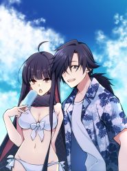 Rule 34 | 1boy, 1girl, ahoge, bikini, black hair, breasts, cleavage, commentary, commentary request, fate/grand order, fate (series), food, front-tie bikini top, front-tie top, grey eyes, hair over one eye, hawaiian shirt, highres, hime cut, long hair, looking at viewer, migiwa (pixiv121486), open mouth, oryou (fate), outdoors, ponytail, popsicle, red eyes, sakamoto ryouma (fate), scarf, shirt, sidelocks, sky, swimsuit, white bikini, white shirt