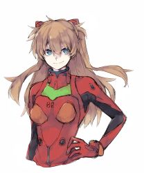 Rule 34 | 1girl, asuna (doruru-mon), bad id, bad pixiv id, blue eyes, bodysuit, breasts, brown hair, closed mouth, collar, commentary request, gloves, hair between eyes, hair ornament, hairclip, hand on own hip, highres, long hair, looking at viewer, neon genesis evangelion, pilot suit, plugsuit, red bodysuit, simple background, small breasts, smile, solo, souryuu asuka langley, turtleneck, two side up, upper body, white background